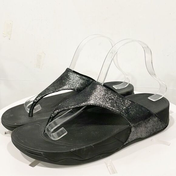 Fitflop Flatform Thong Sandals LuLu Women Sz 9 Black Shimmer - Picture 1 of 10